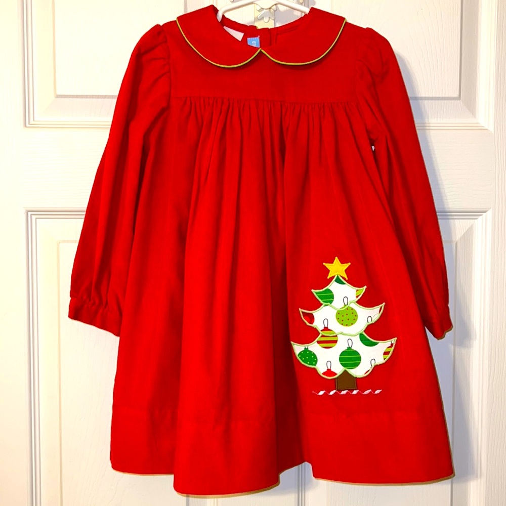 Mondays Child girls size 2 Christmas red corduroy dress with appliqué tree